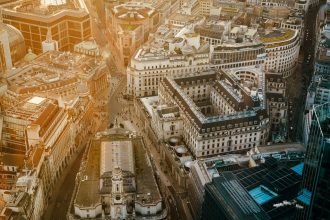 Stunning aerial view of London's financial district with golden hour lighting.