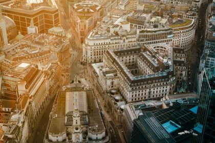 Stunning aerial view of London's financial district with golden hour lighting.